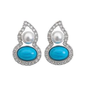 Elegant silver gourd-shaped stud earrings featuring turquoise, pearl and sparkling zircons