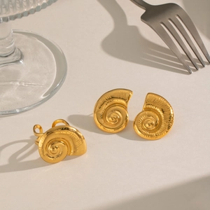 Polished gold spiral conch jewelry set with adjustable ring and stud earrings