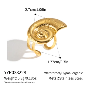 Detailed macro view of golden conch spiral ring in polished stainless steel texture