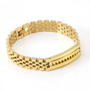 Macro shot of 8mm gold stainless steel watch-band style bracelet with folding clasp