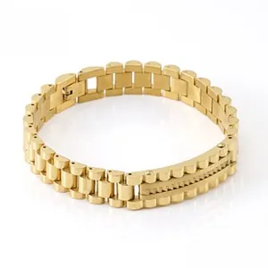 Detailed macro view of the gold stainless steel President style link bracelet with foldover clasp