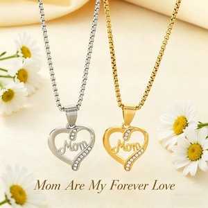 Stainless Steel Mom Heart Pendant Necklace With Rhinestone Inlay For Mother Day Gift Fashion Jewelry For Women