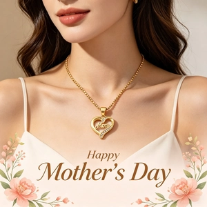 Close-up of a gold heart pendant with Mom lettering and pavé crystals on a box chain