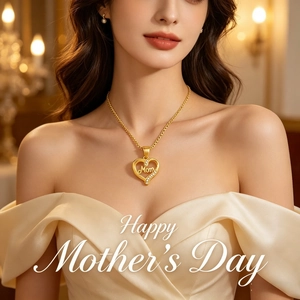Detail of Mom heart pendant with sparkling crystals on gold chain necklace