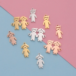 Polished stainless steel boy and girl pendants for DIY jewelry in gold, silver, and rose gold