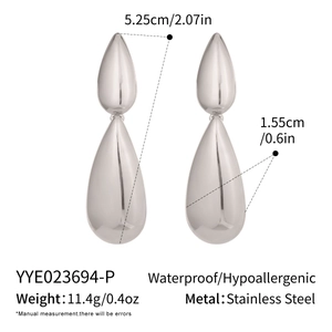 Polished stainless steel double teardrop earrings with precise dimensions and weight specs
