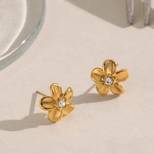 Chic Flower Stud Earrings Stainless Steel Gold Plated Five Petal Floral Zircon Minimalist Jewelry For Women