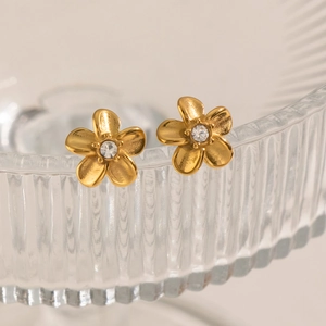 Minimalist five-petal flower stud earrings with sparkling crystal centers in gold finish