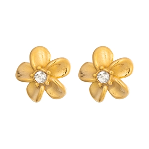 Elegant gold flower stud earrings with a central sparkling zircon on a white background