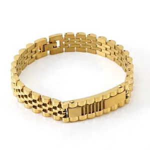 Men's 18K gold stainless steel bracelet featuring a classic watch band link design