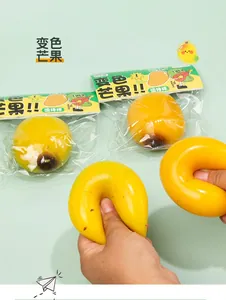Detail showing the squishy mango stress toy changing color under hand pressure