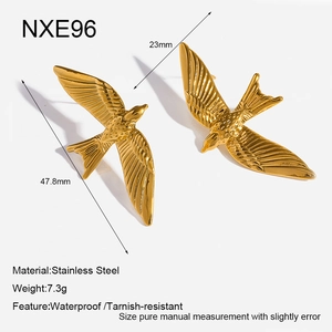 Detailed macro view of 18K gold plated stainless steel bird earrings with measurements