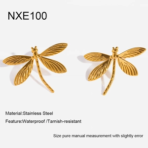 Detailed close-up of 18K gold plated dragonfly stud earrings made of stainless steel