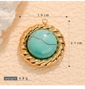 Macro detail of a vintage round turquoise pendant with gold rope edge and dimensions
