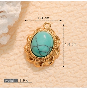 Macro view of gold-plated oval turquoise pendant with size dimensions and weight info