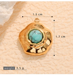 Close-up of gold-plated pendant featuring a round turquoise stone with natural black veins