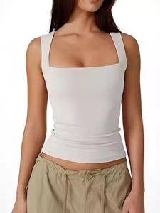 Slim fit women's white sleeveless vest with square neck and minimalist ribbed texture