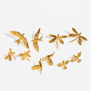 18K gold plated stainless steel stud earring set featuring dragonfly and bird designs