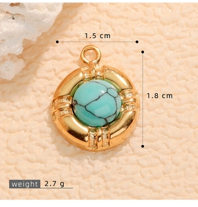 Macro detail of gold-plated turquoise pendant showing 1.8cm height and 1.5cm width dimensions