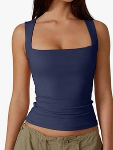 Slim fit dark blue square neck tank top with wide straps for a minimalist summer look