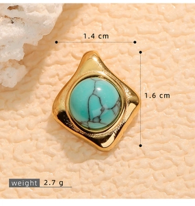 Detail view of a geometric gold-plated pendant with natural turquoise stone and dimensions