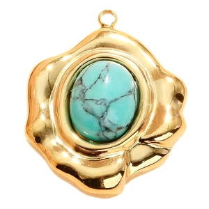 Gold-plated stainless steel oval turquoise pendant with irregular wavy edge design
