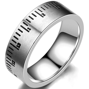 Silver stainless steel band ring with ruler scale engraving and brushed metal texture