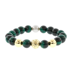 Close-up detail of the vintage green gemstone beaded men's bracelet with gold metal charms.