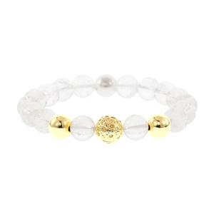 Close-up detail of mens crystal beaded bracelet with gold tone metal spheres for stylish look.