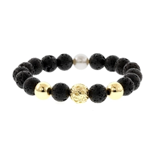 Detail shot of men's beaded bracelet featuring black lava stone and gold spheres.