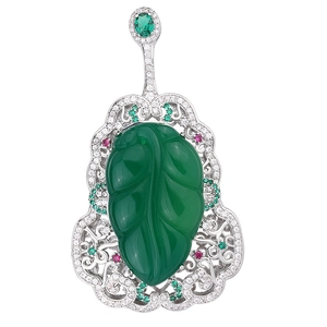 Vintage Chinese style pipa brooch with deep green emerald stone and silver filigree details