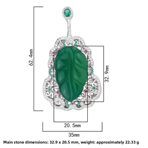 Detailed size parameters of vintage green agate leaf brooch with crystal metal inlay