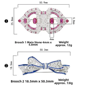 Detail showing dimensions and specifications for gemstone brooches with ruby and zircon