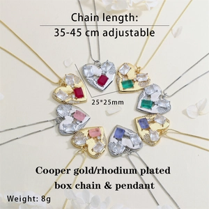 Detailed top view of colorful heart-shaped zircon pendants on copper box chains