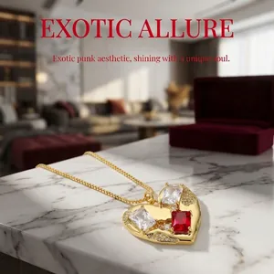 Exotic heart pendant necklace in 18K gold with ruby zircon on white marble stone