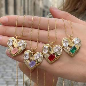 Copper Gold Plated Heart Pendant Necklace With Colorful Zirconia Inlaid Exotic Punk Style Clavicle Chain Women Jewelry