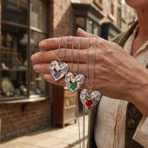Detail view of heart-shaped copper pendants with 18K gold plating and colorful zircons