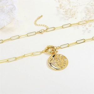 Goldmünzen-Halskette mit Sonne, Mond, Mikro-Zirkonia und strukturierter Büroklammerkette