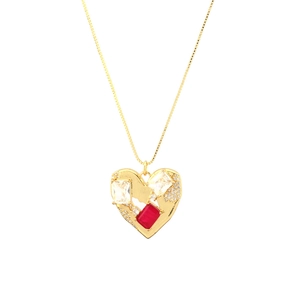 18K gold plated copper heart necklace with red zircon crystals and fine box chain