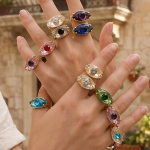 Vintage Böser Blick Marquise Glas Kristall Offener Ring Für Damen Verstellbarer Goldplattierter Kupfer Geometrischer Ring