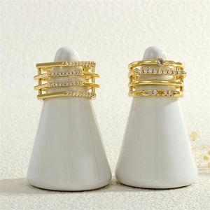18K gold plated multilayer geometric open ring with white zircon stones for women