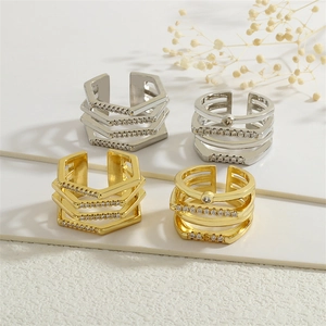 18K gold plated multi-layer geometric ring with zircon stones in gold and silver
