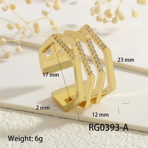 Detailed view of 18K gold plated multi-layer geometric ring with zircon and dimensions