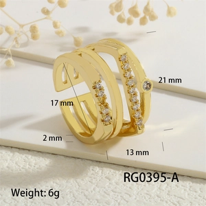 Detailed view of 18K gold plated multi-layer geometric ring with white zircon stones