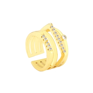 Luxury 18K gold plated double layer geometric open ring with white cubic zirconia stones
