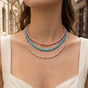 Handmade Cylindrical Beaded Necklace Bohemian Copper Semi-Precious Stone Choker Adjustable Clavicle Chain For Women Jewelry