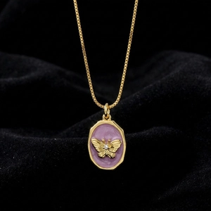 Vintage Vergoldete Kupfer Schmetterling Anhänger Halskette Lila Emaille Zirkonia Verstellbare Venezianerkette Damen Schmuck
