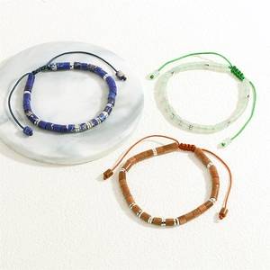 Three handmade semi-precious stone barrel bead braided bracelets with adjustable cords