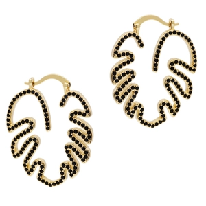 Detailansicht der goldfarbenen Ohrringe mit schwarzen Zirkonia im Monstera-Design