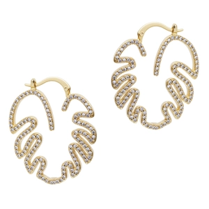 Detail von Monstera-Blatt-Ohrringen in Gold mit Zirkonia-Besatz und Klappverschluss